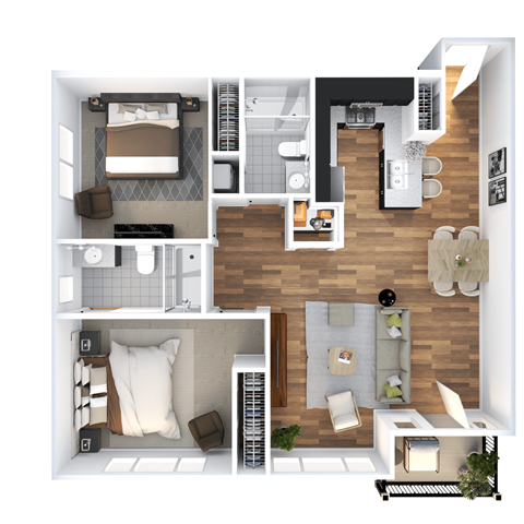 Floor plan for 2 beds, 2 baths, 1100 sqft